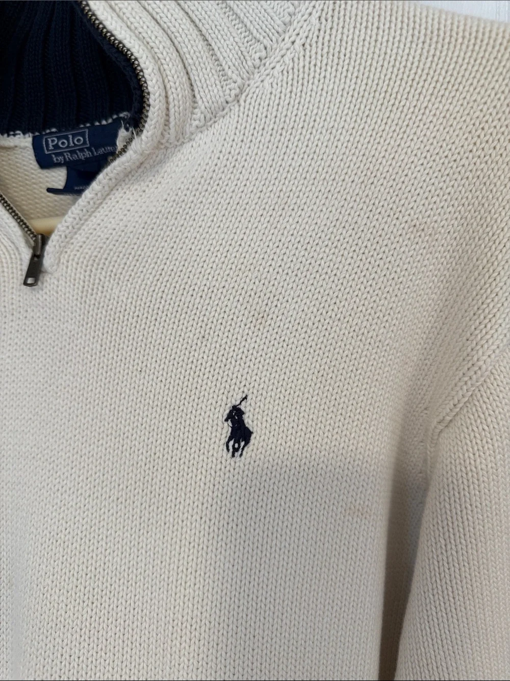 Polo by Ralph Lauren Cream 1/4 zip, 100% Cotton Sweater with Navy Logo size M